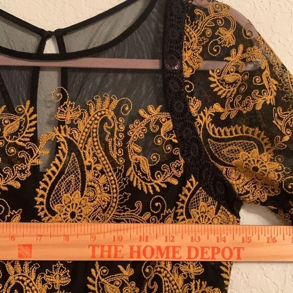 Anthropologie Jacguin Embroidered Elegant Black Gold Lace Midi Dress Size 2 - Picture 6 of 13